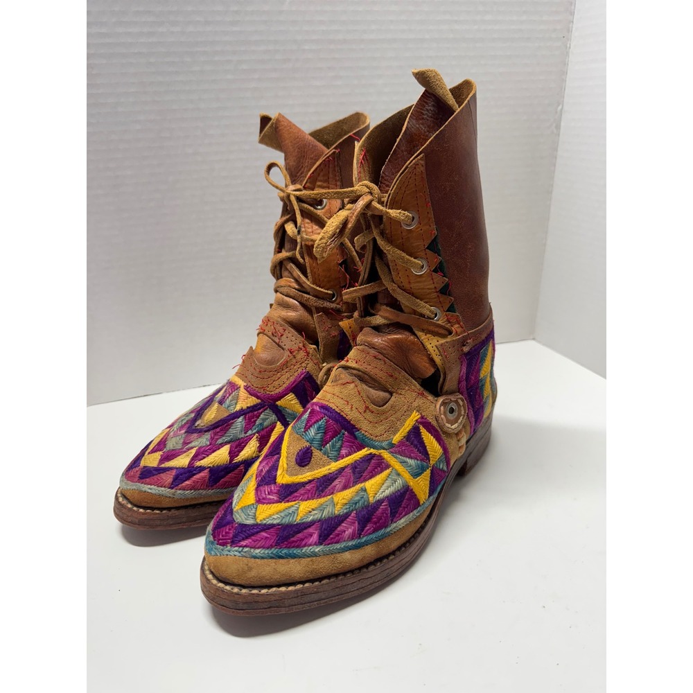 Handcrafted Leather‎ Lace Up Boots Indigenous Southwestern Multi Color Women 8